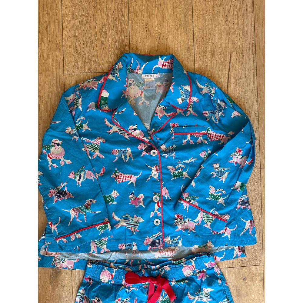 MERSEA Women's M Blue Dog Print Cotton Pajama Set Long Sleeve Button Top & Pants - Picture 5 of 10